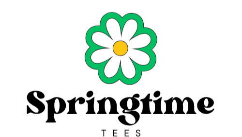 Logo of 'Springtime Tees' with a daisy on a green background